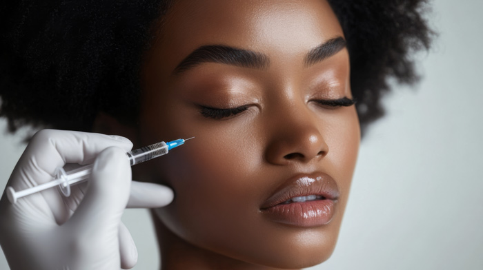 Patient receiving a facial injectable treatment to enhance facial contours and reduce the appearance of fine lines.