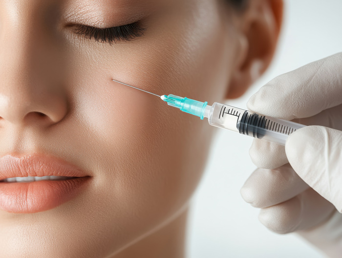 Injectable treatment being precisely administered to the cheek to smooth wrinkles and restore facial volume.